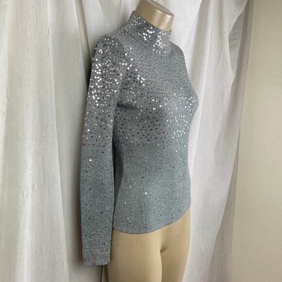 VTG Y2K Once Again Silver Sequin Mock Turtle Neck Sweater Shimmery Sparkly Sz M - Picture 4 of 16